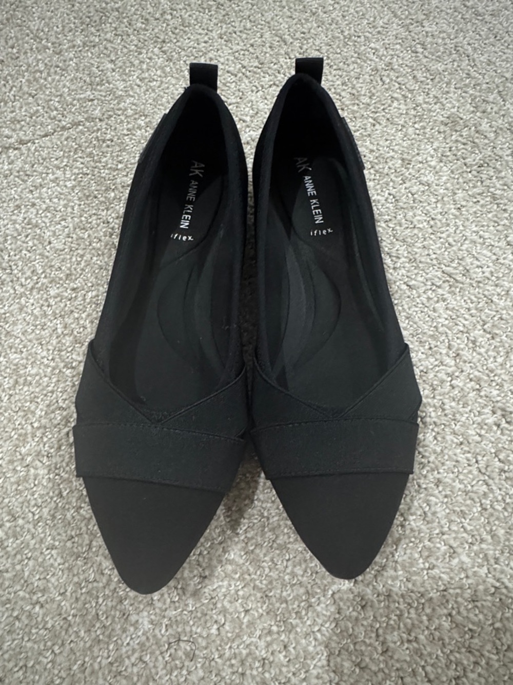 Anne Klein Black Pointed Slip-On Flats with Elastic Strap Detail